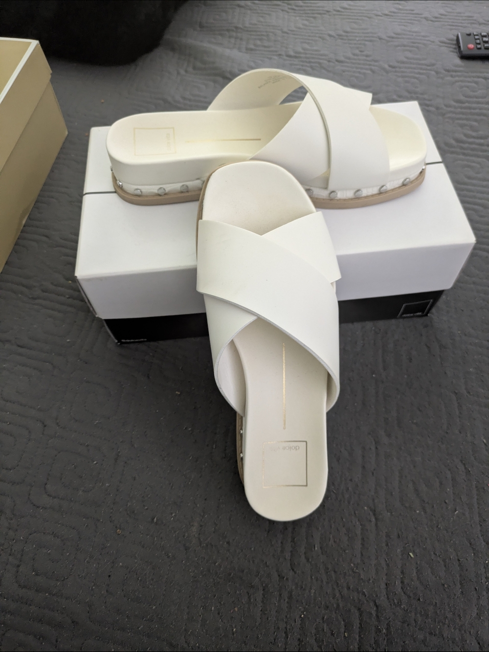 Dolce Vita White Crisscross Studded Platform Slides - Picture 3 of 4